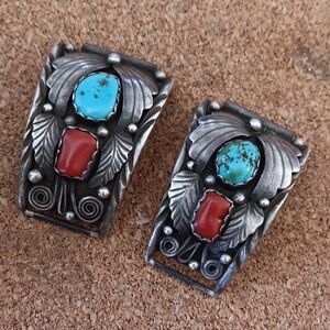 Turquoise and Coral Sterling Silver Clip-On Earrings